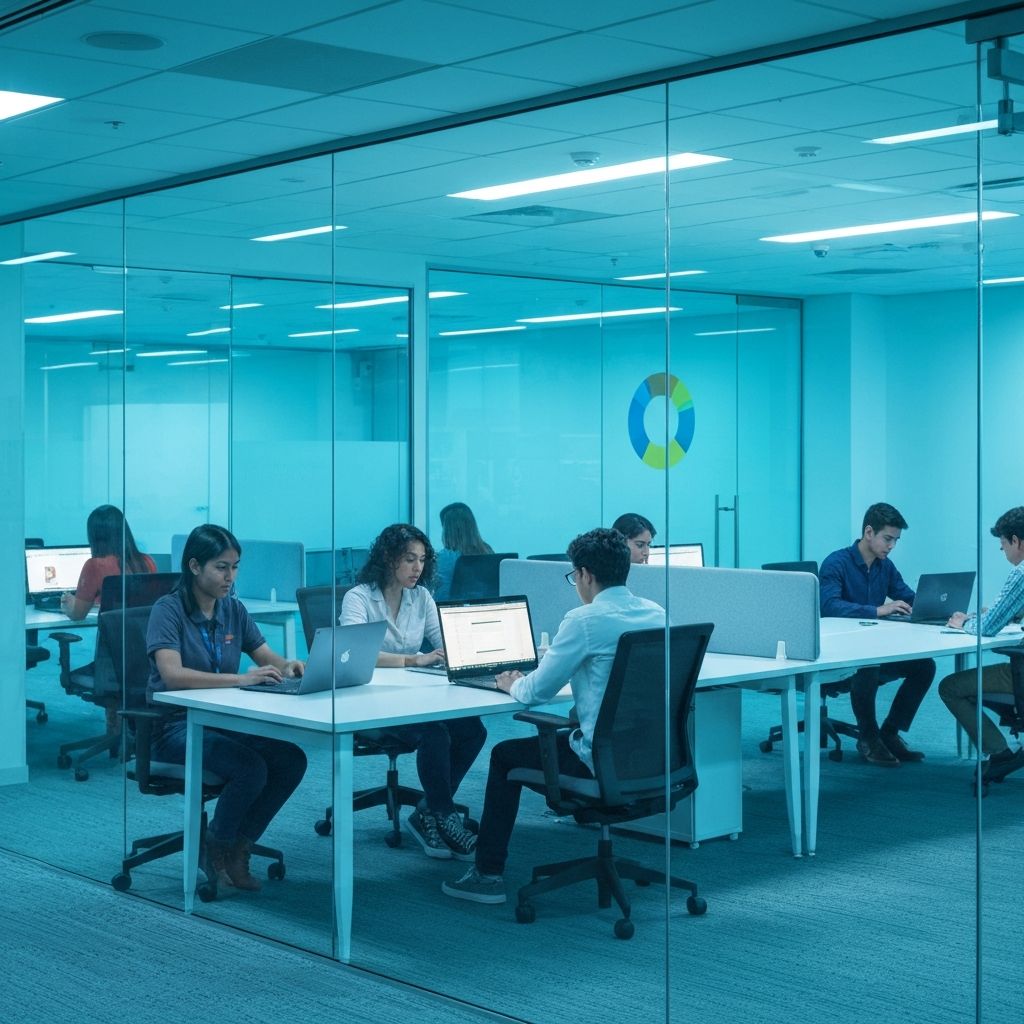 Students collaborating on internship projects in a modern tech office